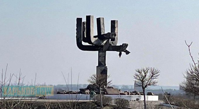 The damaged Holocaust memorial in Drobytsky Yar ravine on the outskirts of Kharkiv